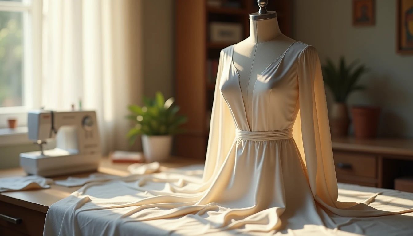 A partially sewn garment in progress on a dress form with cut pattern pieces and a sewing machine nearby