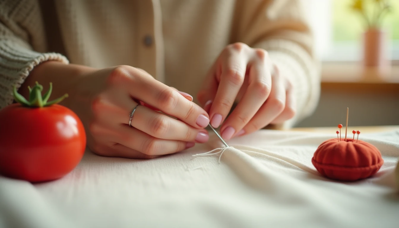 A woman's hands hand-sewing cream cotton fabric with a needle and white thread in a cozy sewing room