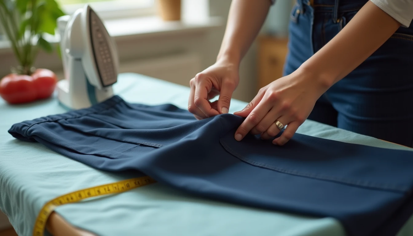 Hands pinning up the folded hem of navy dress pants on an ironing board with a tape measure