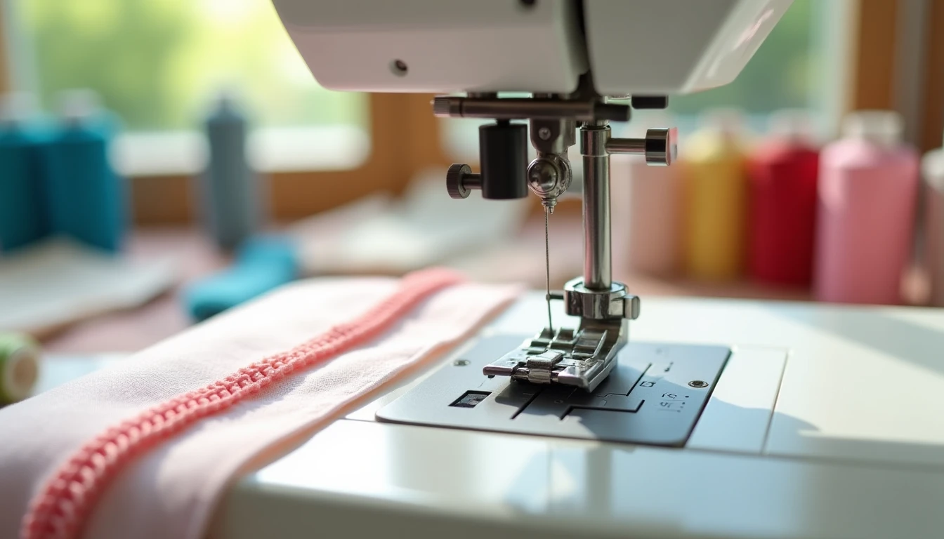 A sewing machine with a zipper foot stitching a zipper onto fabric, colorful zippers and thread nearby