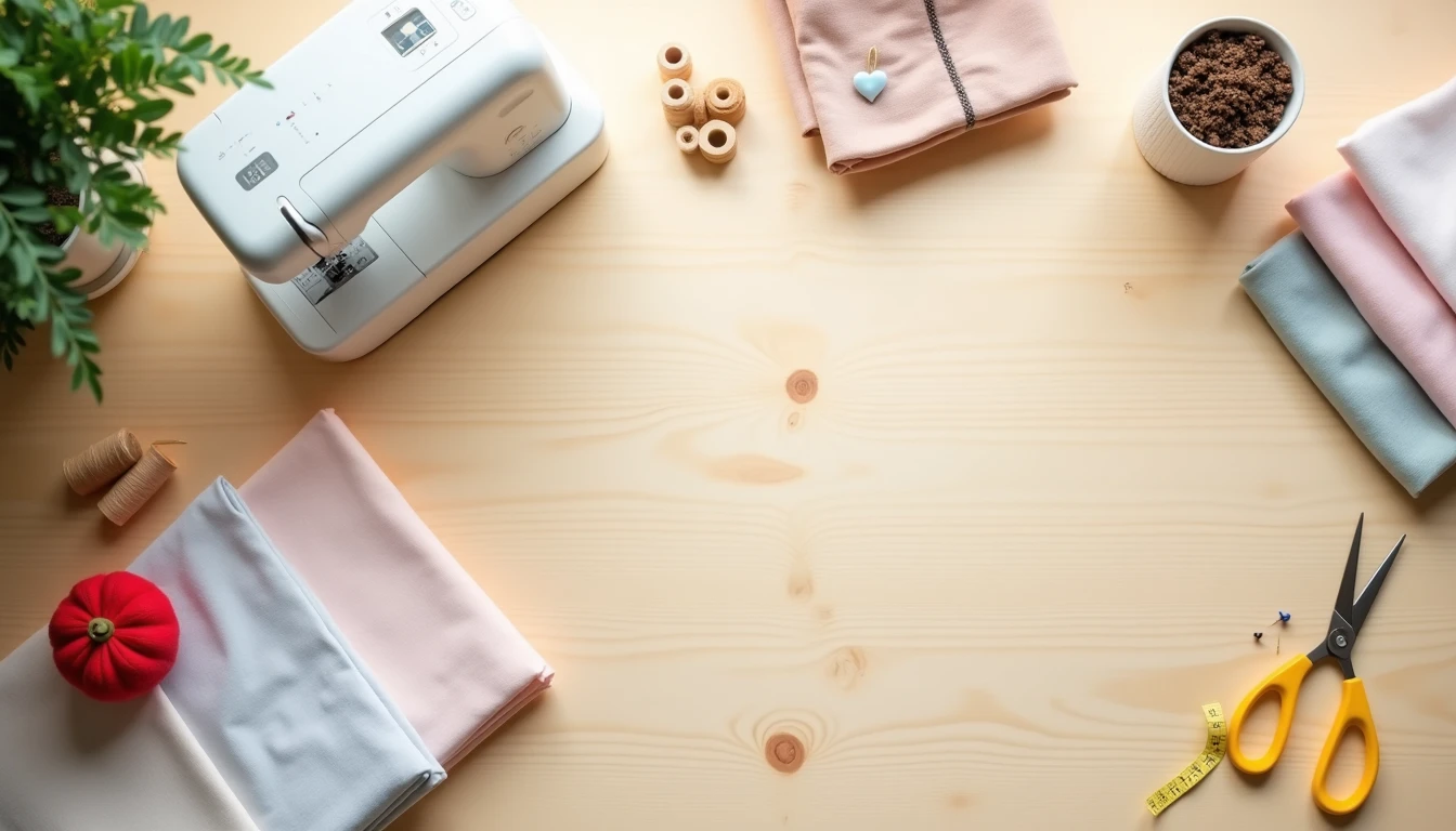 Home sewing workspace flat lay with a sewing machine, folded fabric, thread spools, and sewing tools