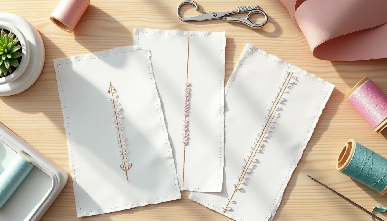 Fabric swatches showing rows of different sewing stitches next to thread spools, a needle, and scissors