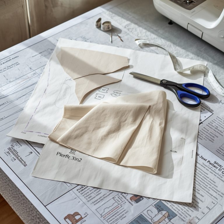 Sewing pattern paper with cut fabric pieces on a cutting table