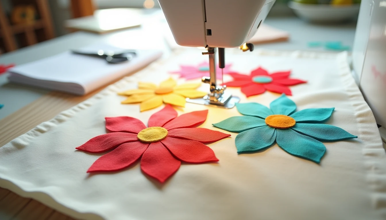 Colorful fabric flower shapes being appliqued onto a cream background with a satin stitch, fusible web sheets and duckbill scissors on the table