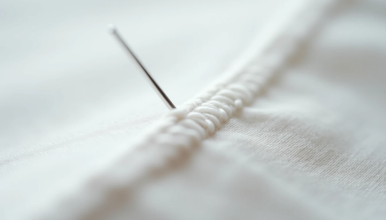 A neat row of hand-sewn backstitches in white thread on light cotton fabric with a needle mid-stitch