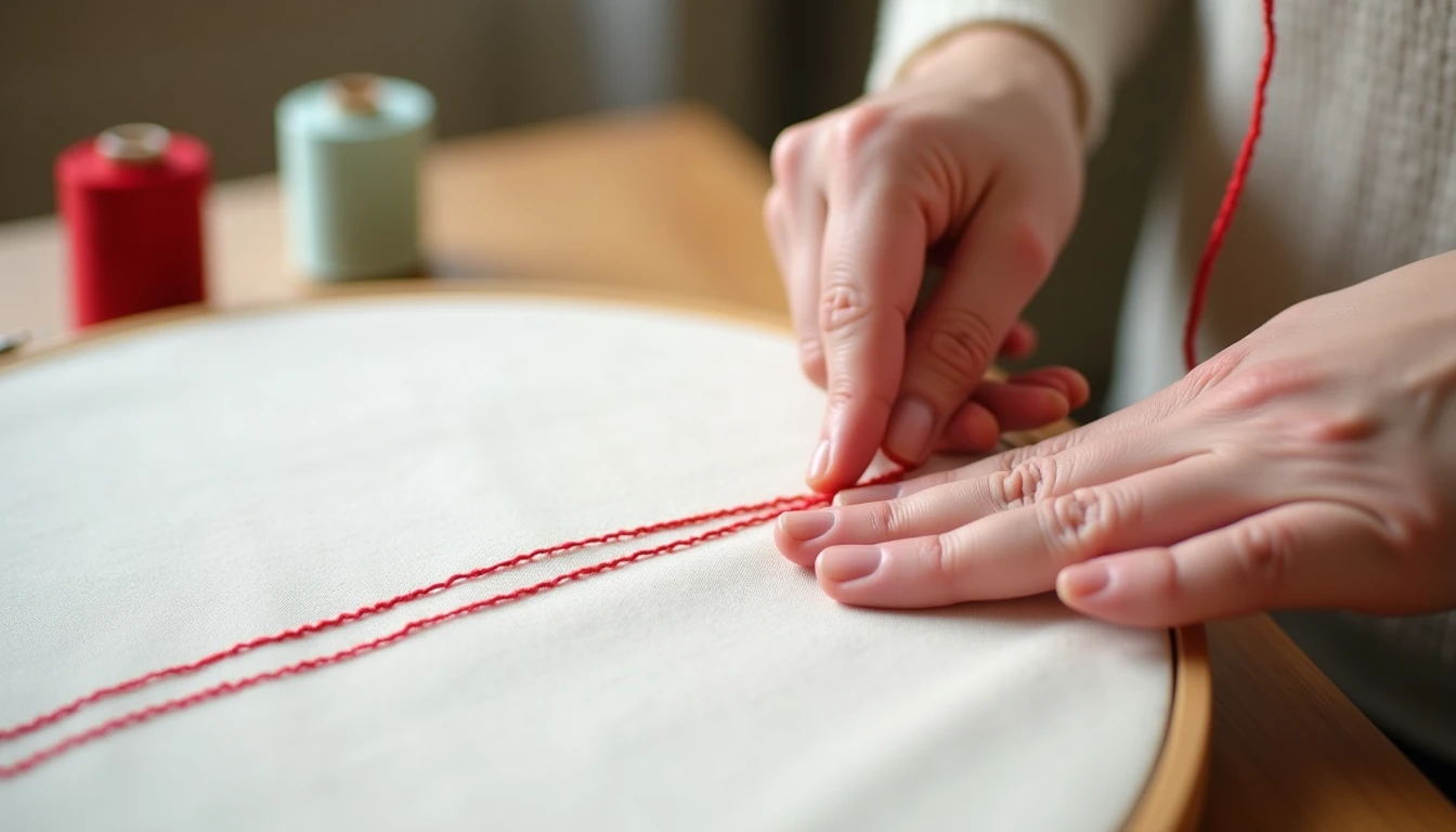 Hands sewing a neat backstitch line in red thread on cream linen fabric, showing the solid unbroken stitch line next to an embroidery hoop