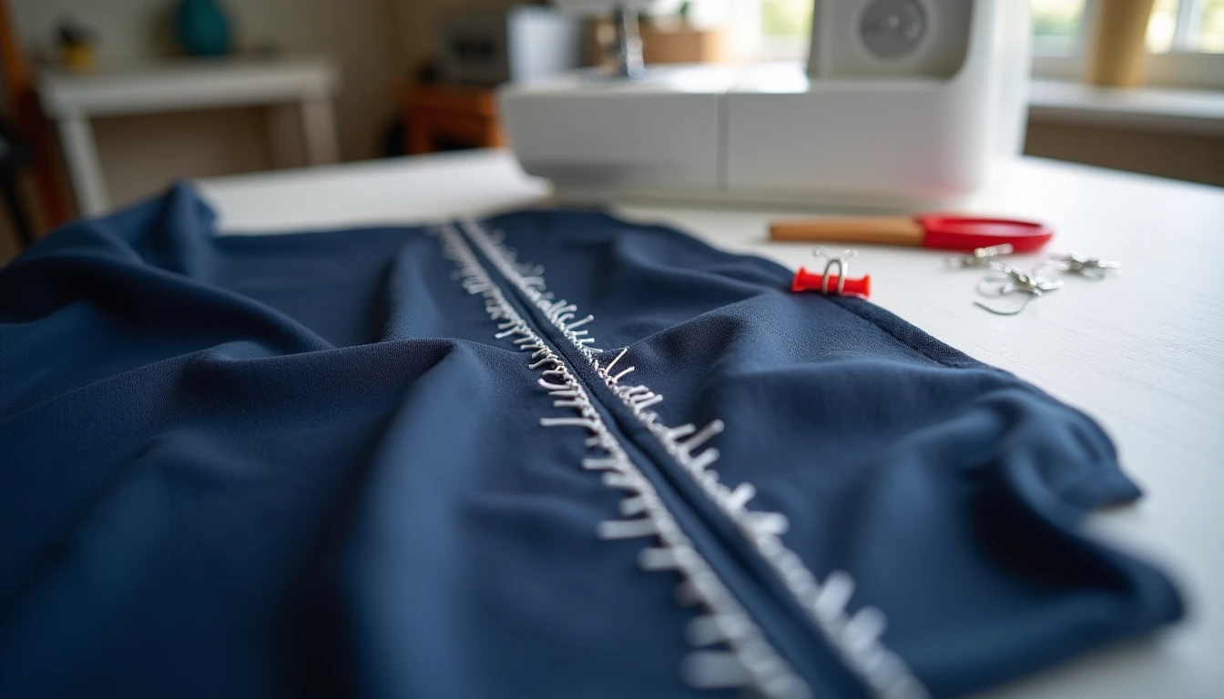 Long white basting stitches in contrasting thread holding two layers of navy fabric together next to a sewing machine, with wonder clips and a seam ripper nearby
