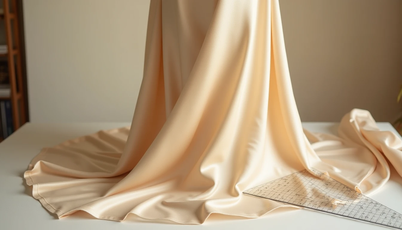 Silky champagne fabric draped on a dress form showing the fluid flow of a bias cut slip dress, with a quilting ruler at 45 degrees on fabric nearby