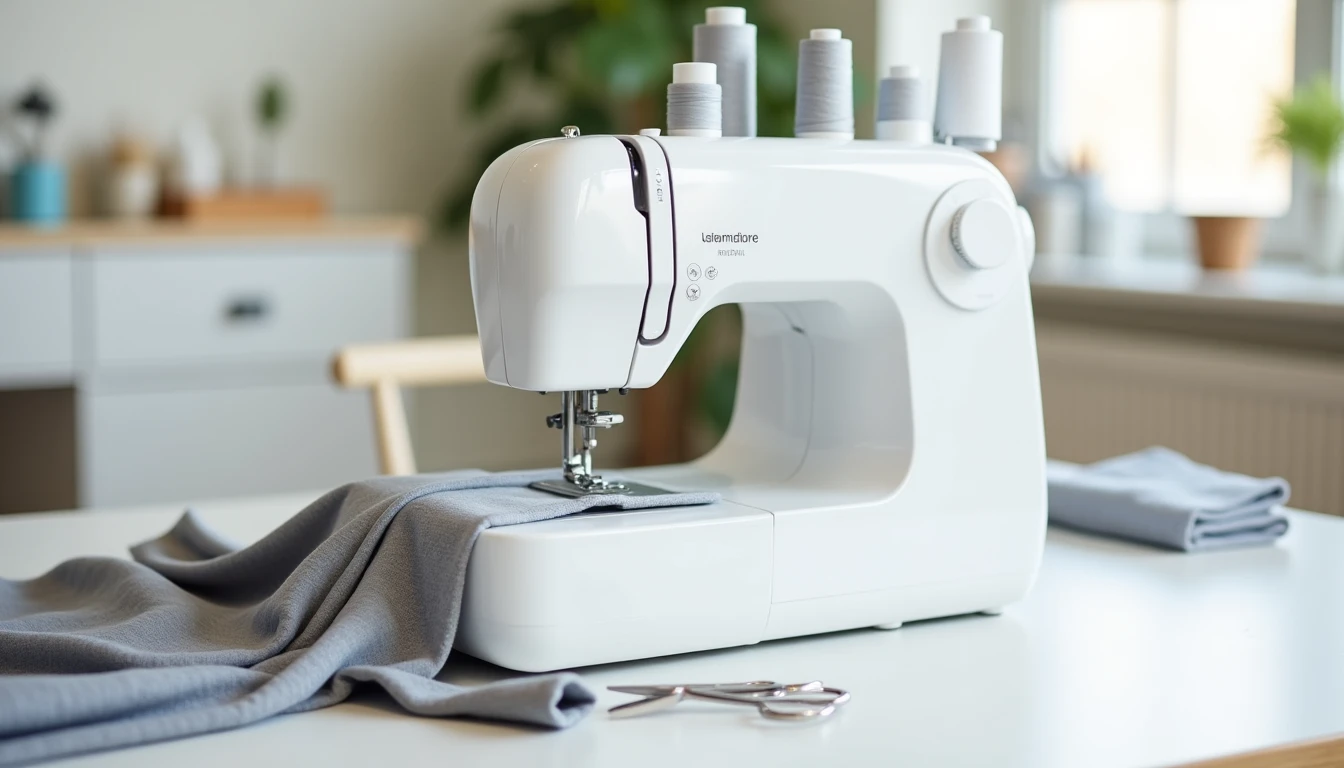 A Brother 1034D style white serger with four spools of thread on a sewing table, trimming and overlocking the edge of a knit fabric