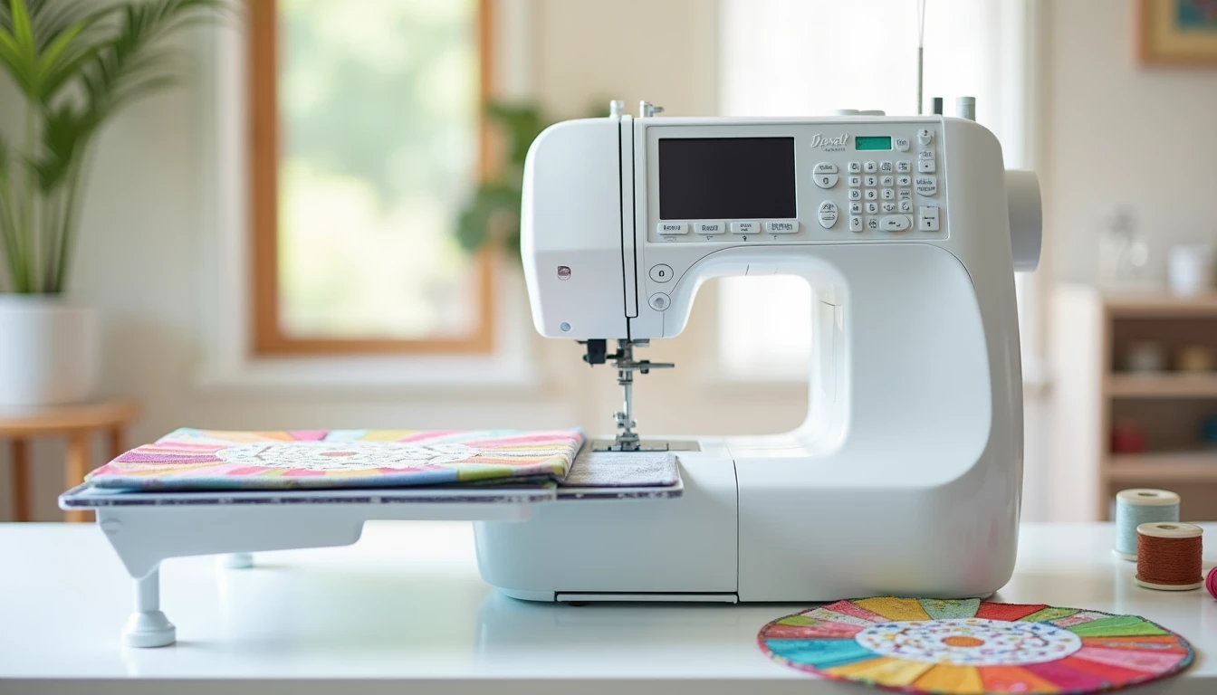 A white computerized sewing machine with LCD screen and wide quilting extension table set up on a sewing desk with fabric and thread