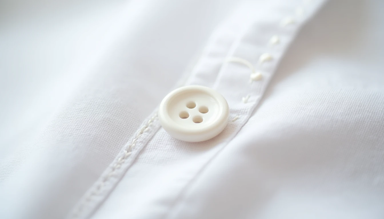 A neat machine-sewn buttonhole with tight zigzag stitching on white fabric next to a round button