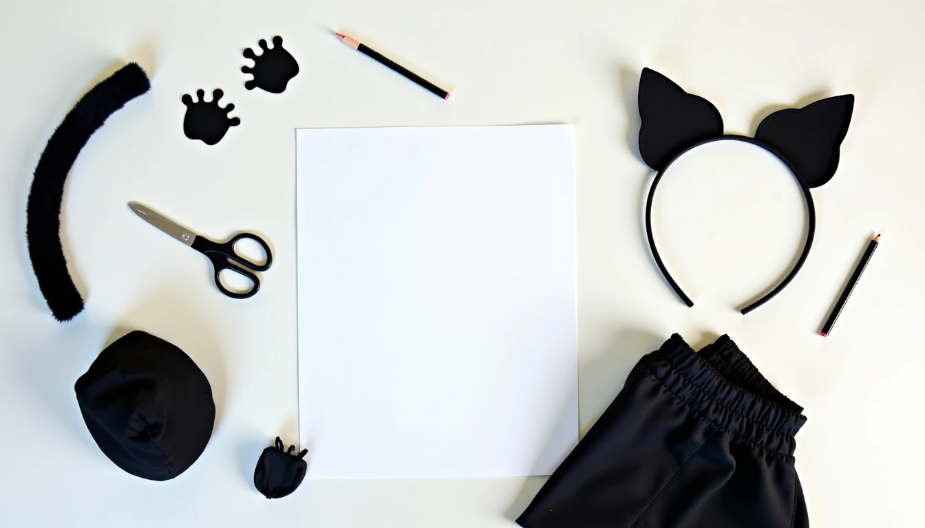 DIY cat costume supplies on a table: black felt cat ears on a headband, a sewn black fabric tail, eyeliner pencil, and black leggings folded nearby