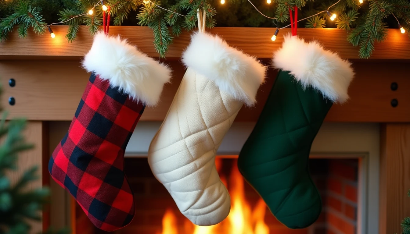Three handmade Christmas stockings in red plaid flannel and cream quilted fabric with faux fur cuffs hanging from a wooden mantel