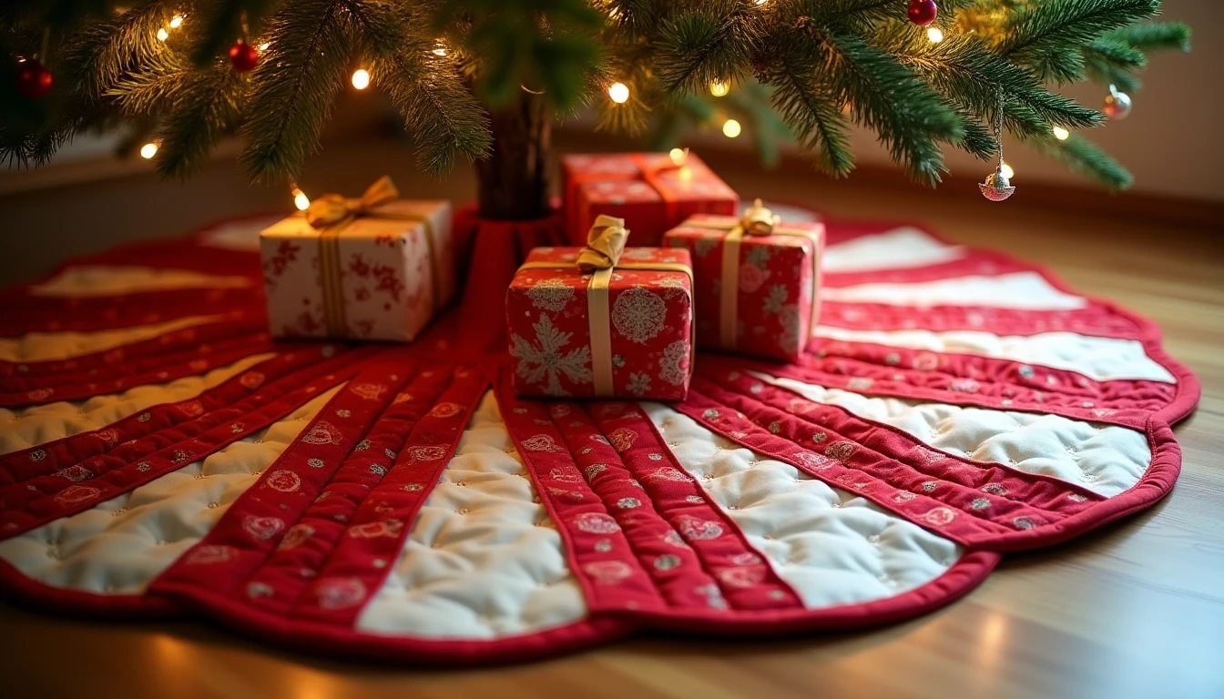 A handmade quilted Christmas tree skirt in red and cream wedges with bias-bound edges wrapped around a tree base with wrapped gifts on it