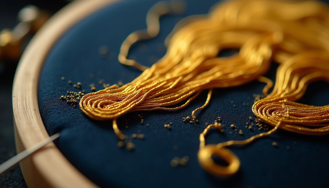 Close-up of gold cord being couched onto navy fabric with small perpendicular stitches, embroidery hoop and chenille needle nearby