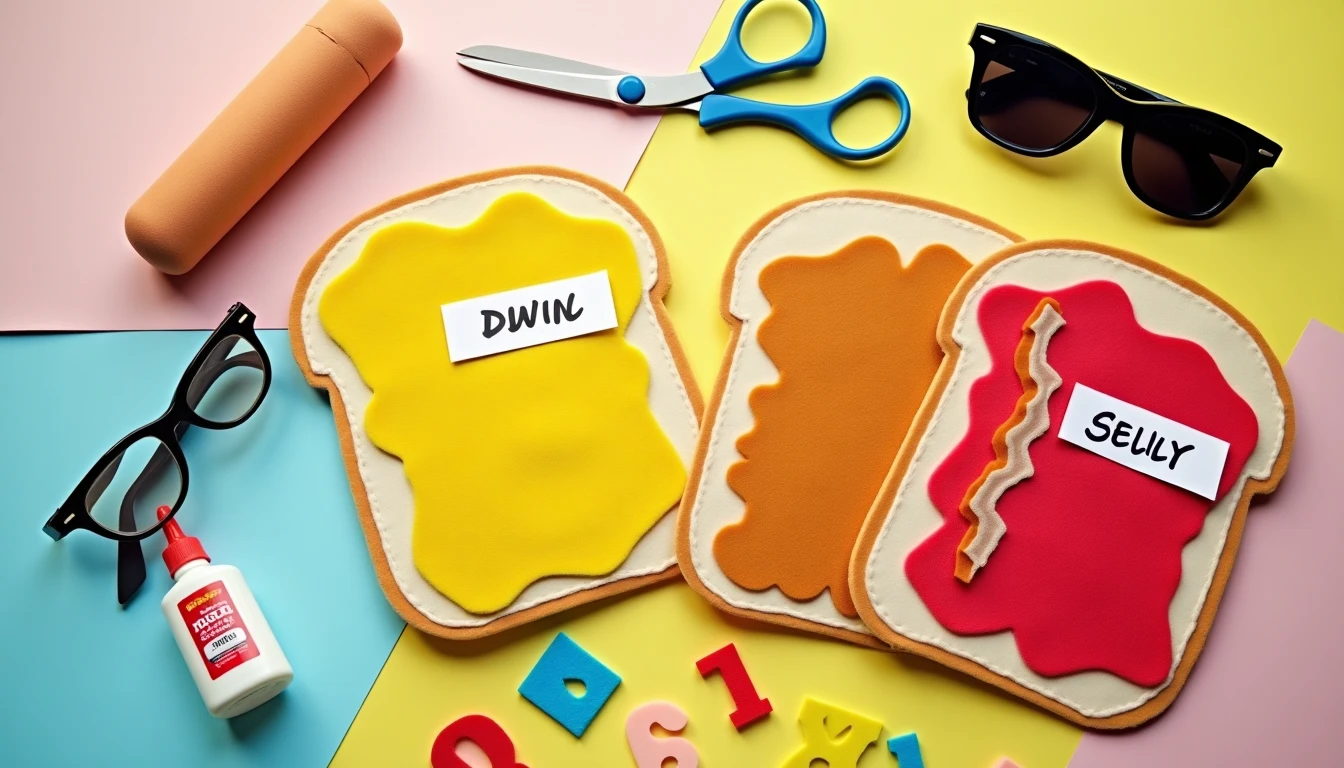 DIY couples costume pieces on a table: two felt sandwich boards shaped like bread slices for a peanut butter and jelly costume, name tags, felt letters, and matching sunglasses
