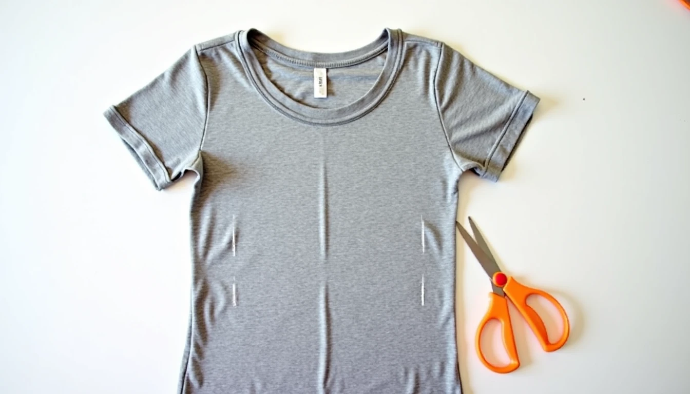 An old gray t-shirt being cut into a tank top with fabric scissors on a flat table, chalk lines marking the new armholes and neckline