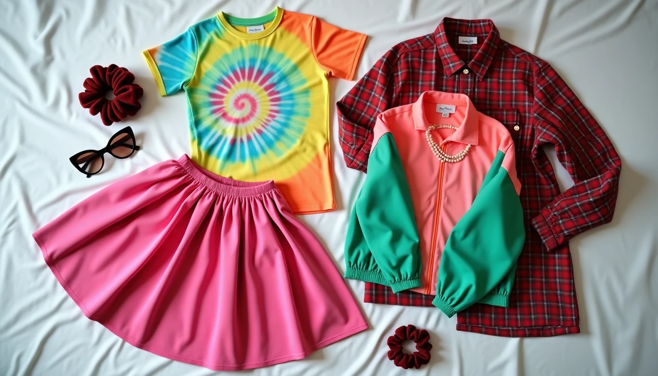 Decade day outfit pieces from different eras laid on a bed: a pink felt poodle skirt, tie-dye shirt, neon windbreaker, flannel shirt, scrunchies, and cat-eye sunglasses