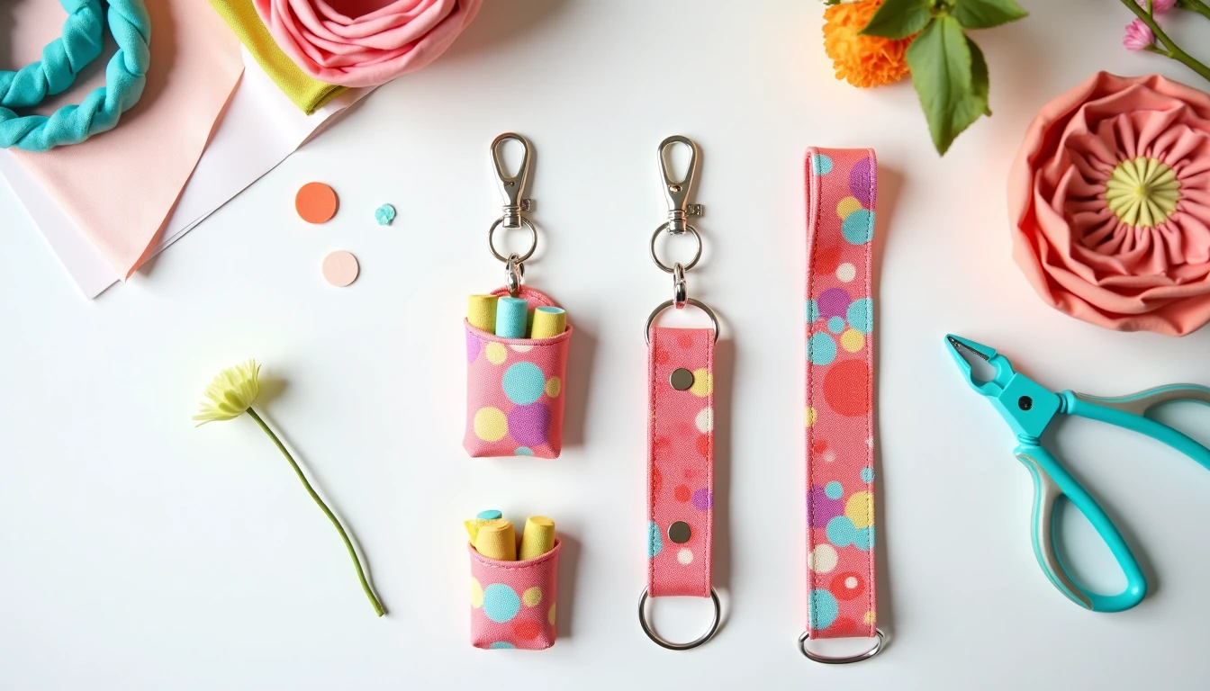 Colorful handmade fabric key fobs with silver hardware, a chapstick holder keychain, and a wristlet strap arranged on a white table with fabric scraps