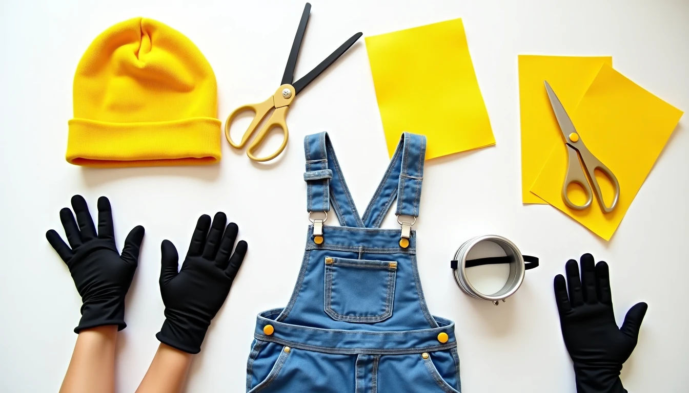 Homemade minion costume pieces on a table: a yellow beanie, blue denim overalls with a felt G logo pocket, silver DIY goggles made from a canning ring, and black gloves