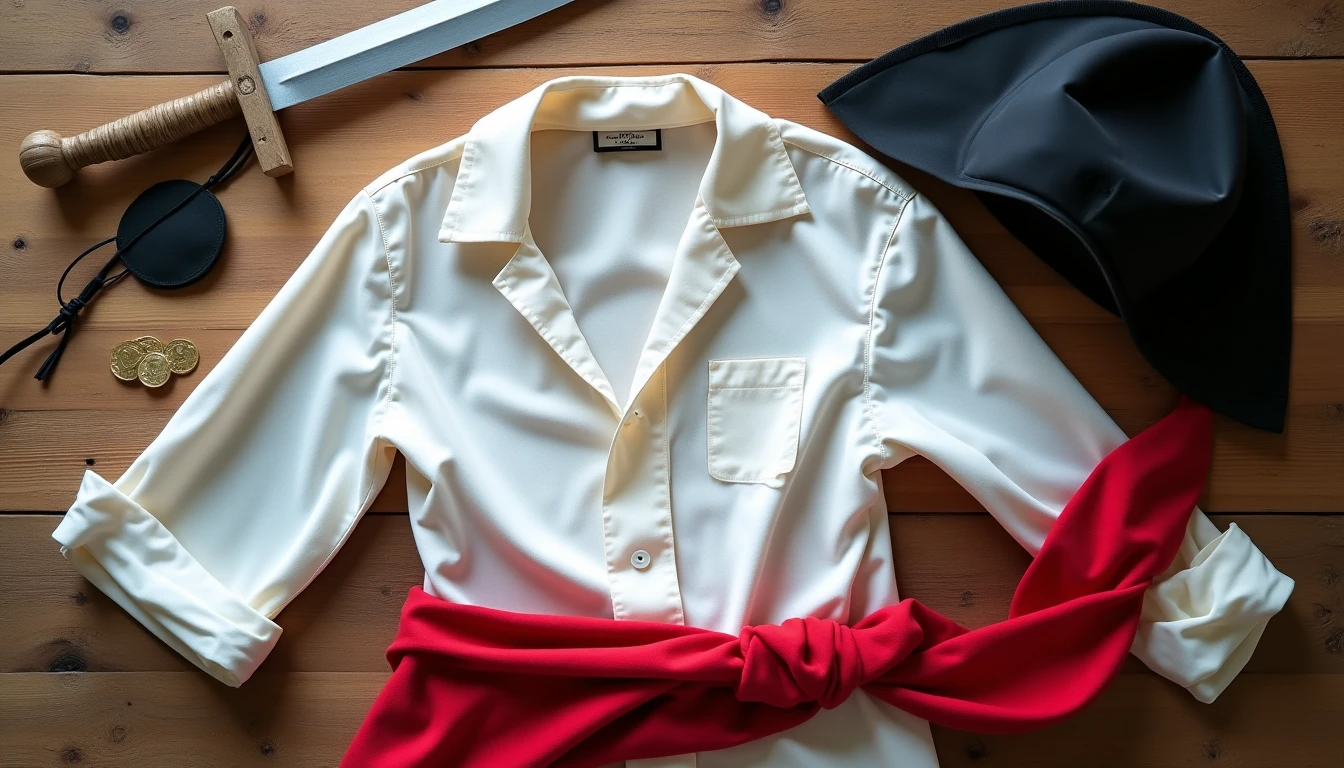 DIY pirate costume pieces laid out on a wooden table: a white billowy shirt, red fabric sash, felt eye patch, folded tricorn hat, and a cardboard cutlass