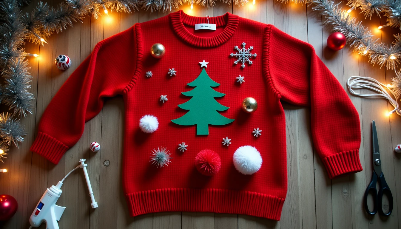 A homemade ugly Christmas sweater on a table covered with tinsel garland, felt tree, mini ornaments, pom-poms, and a battery LED light string ready to attach