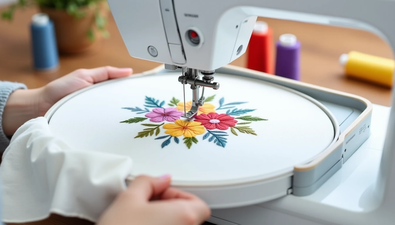 A home embroidery machine stitching a colorful floral design on white fabric held in an embroidery hoop, with spools of rayon embroidery thread beside it