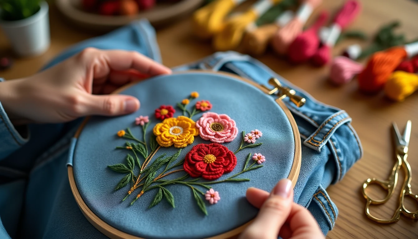 Hands embroidering colorful flowers on the back pocket of blue jeans with an embroidery hoop, floss skeins and small scissors on the table