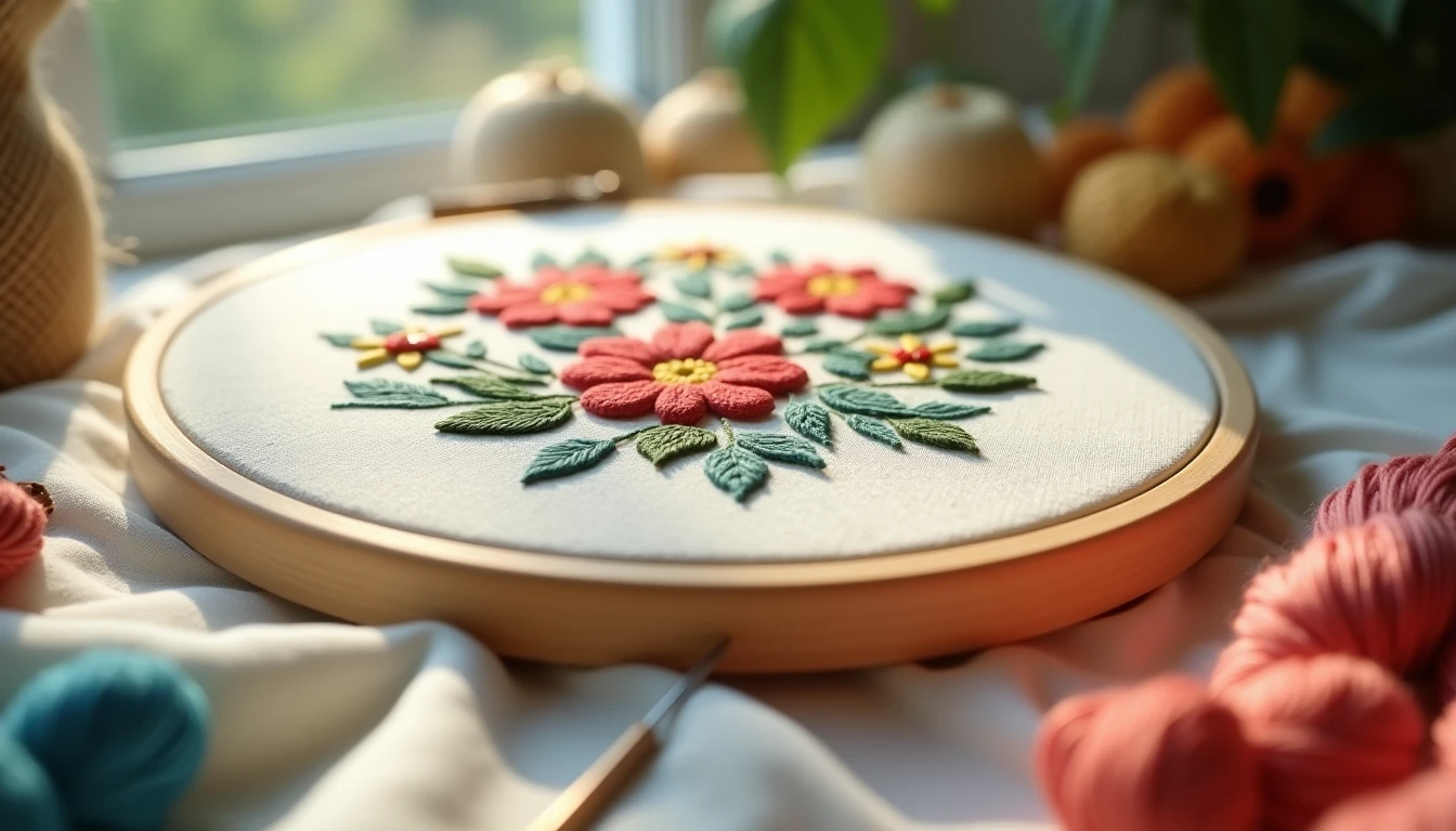 An embroidery hoop with a partly stitched floral design, colorful embroidery floss and a needle beside it
