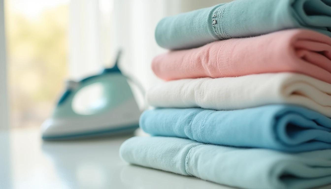 A neatly folded stack of clean fabrics next to a garment care label showing laundry symbols and a steam iron