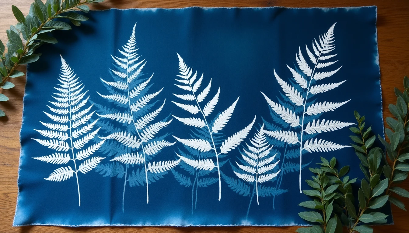 Deep blue cyanotype sun print on fabric showing white silhouettes of ferns and lace