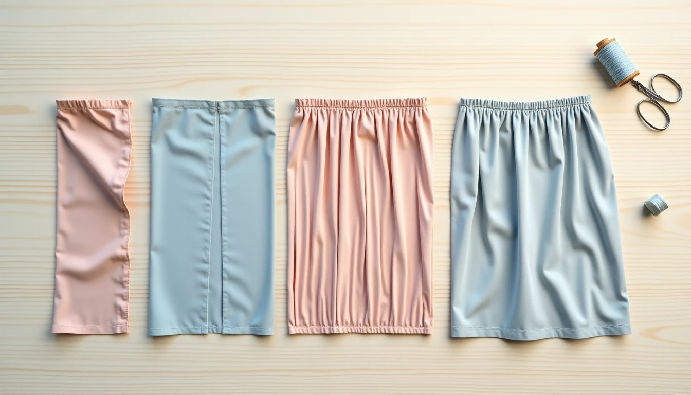 Three fabric samples side by side showing a sewn dart, a row of gathers, and knife pleats