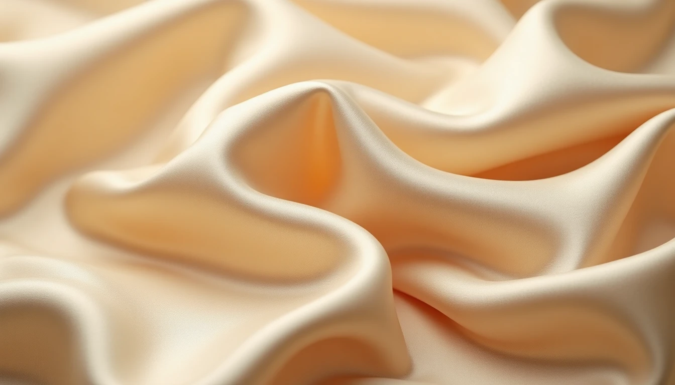 Close-up of flowing champagne-colored satin fabric showing its glossy face and soft folds