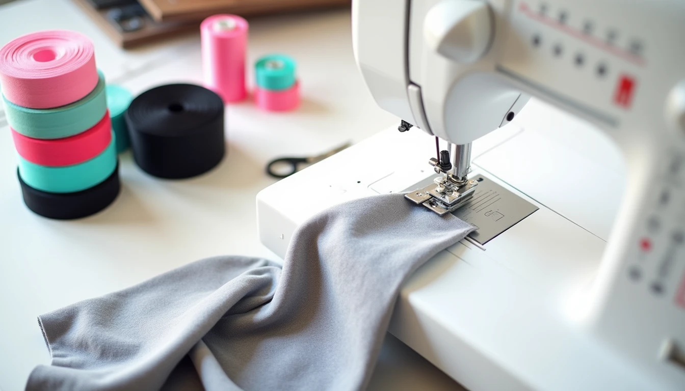 Rolls of colorful fold over elastic in different widths next to a sewing machine sewing FOE onto a knit fabric edge