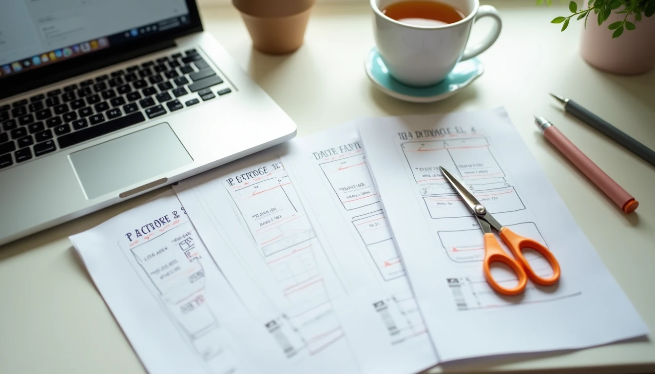 A laptop showing a free sewing pattern download page next to printed and taped PDF pattern pages and a mug of tea