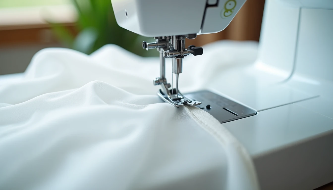 Close-up of a french seam being sewn on white sheer fabric at a sewing machine, with a finished enclosed seam sample lying beside it