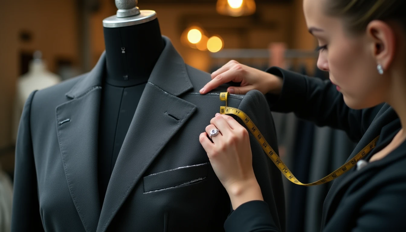 A tailor pinning and shaping a blazer on a dress form, with chalk markings and a measuring tape draped around their neck