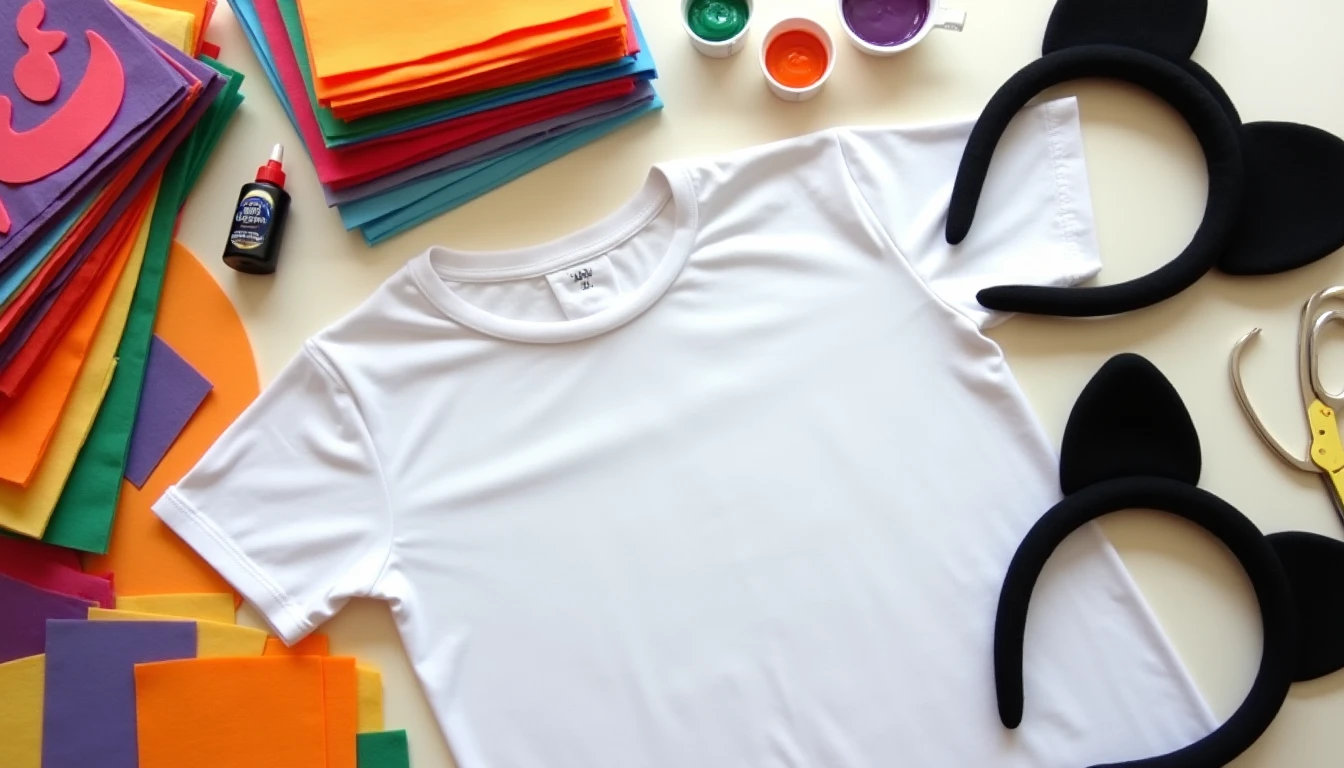 A flat lay of easy DIY Halloween costume supplies: colorful felt, a white t-shirt, cat ears, face paint, and fabric glue