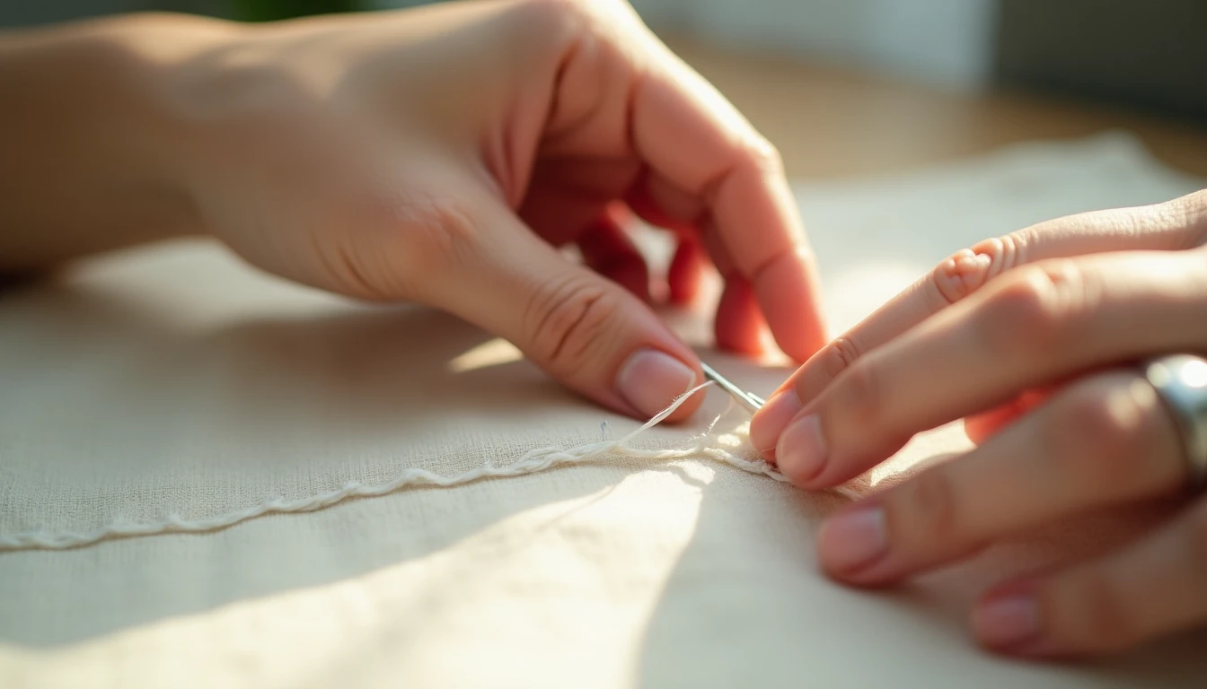 Hands sewing a neat running stitch by hand on cream linen fabric with a needle and white thread