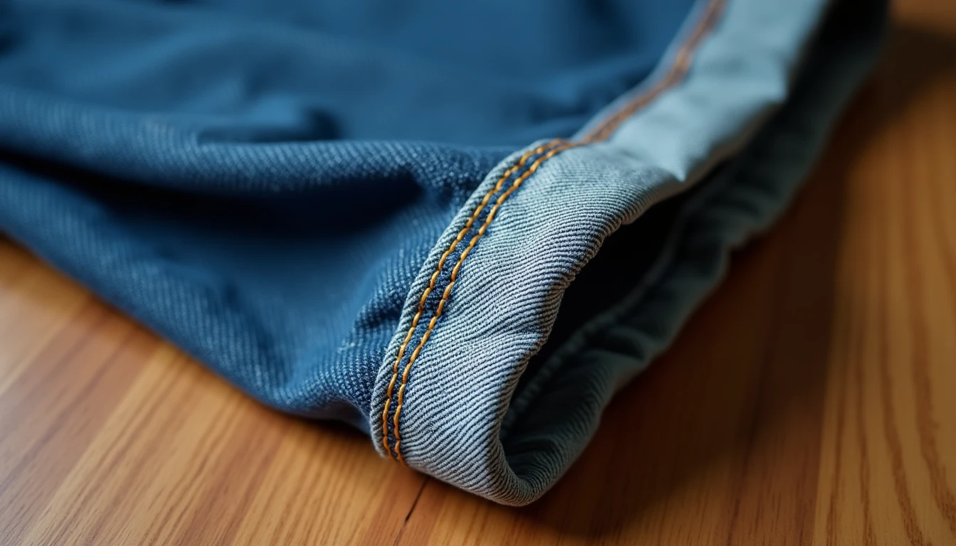 Shortened blue jeans that keep the original faded factory hem with gold topstitching