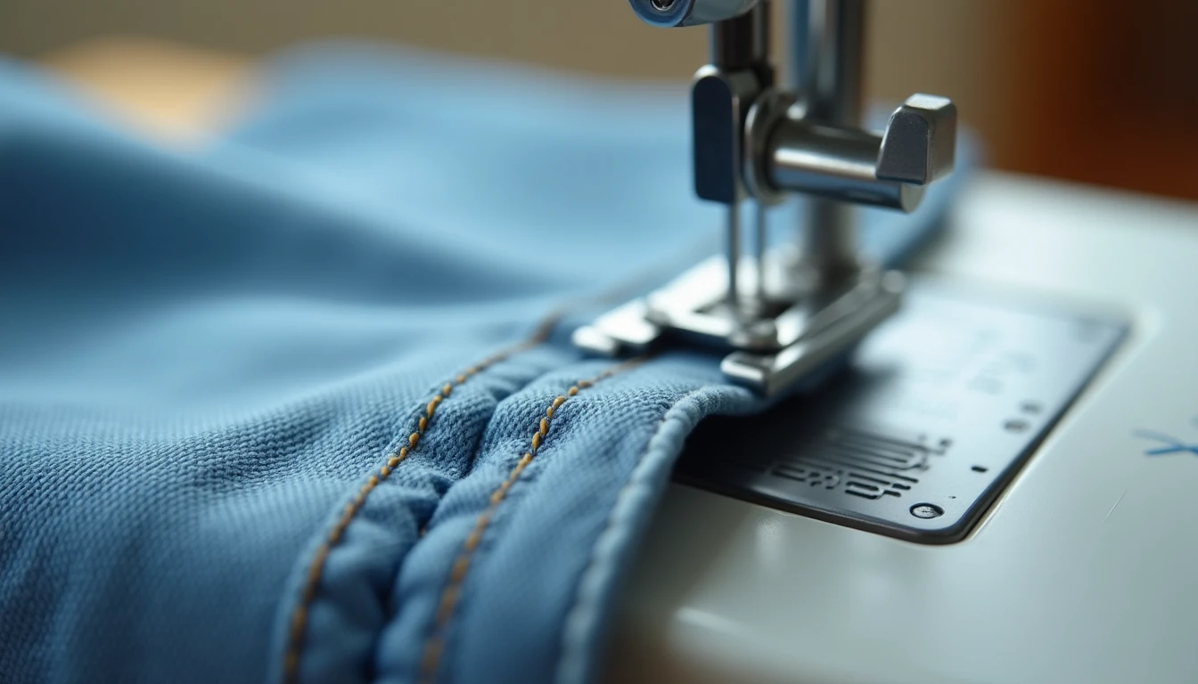 The cuff of trousers being hemmed on a sewing machine free arm with a straight stitch near the folded edge