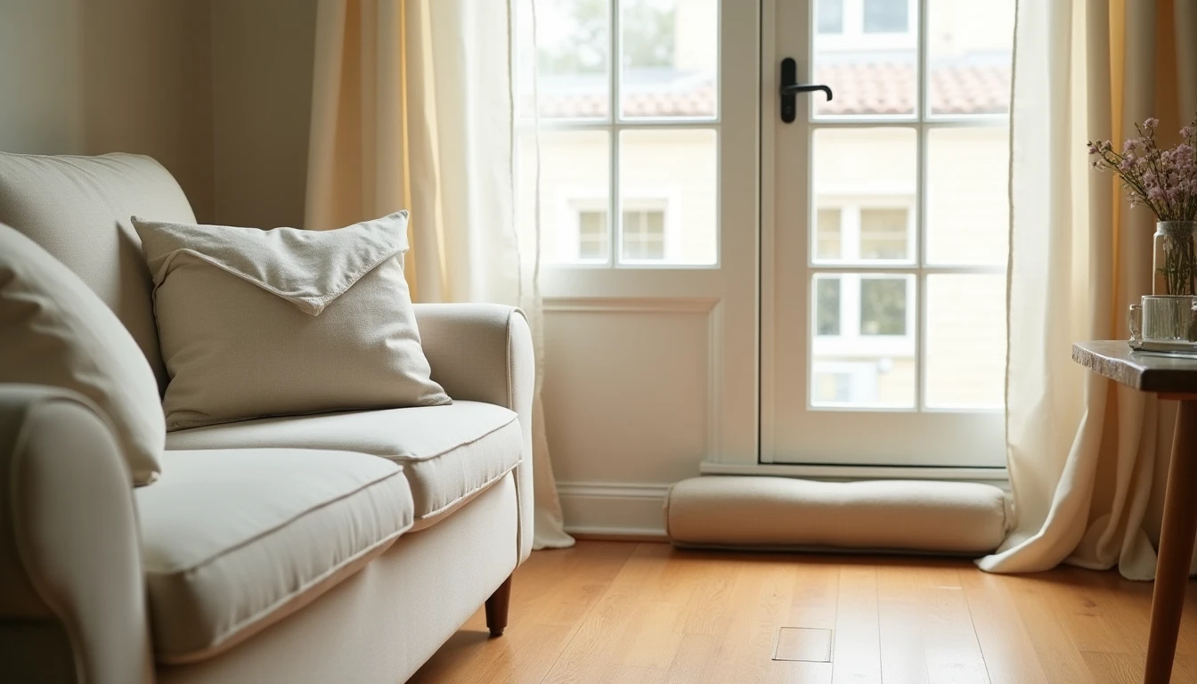 A cozy living room corner with handmade envelope pillow covers, a fabric draft stopper by the door, and simple rod-pocket curtains