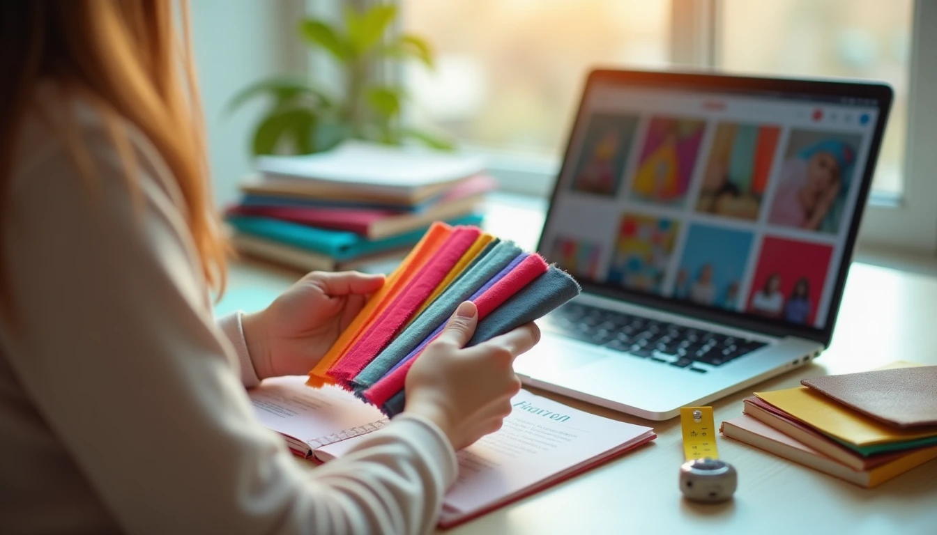 A person browsing colorful fabric swatches next to a laptop showing an online fabric store, with a tape measure and notebook on the desk