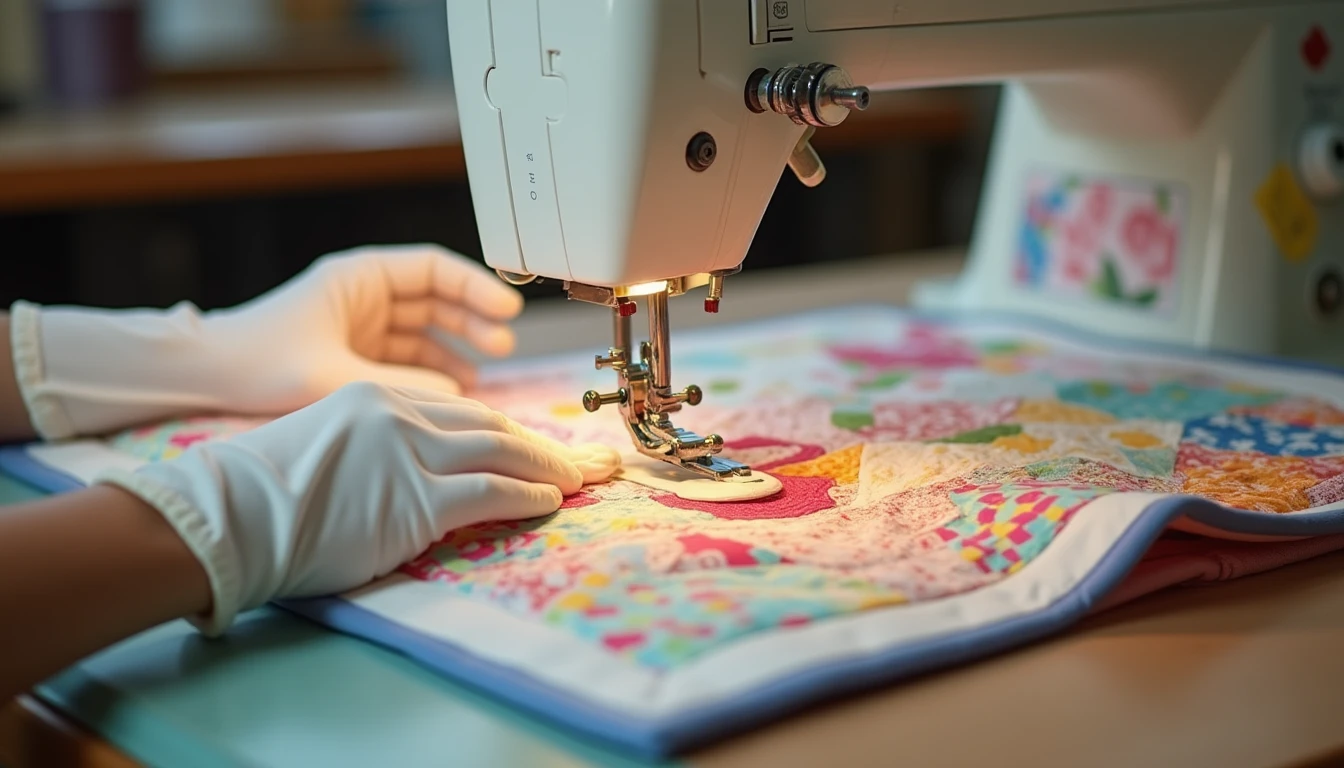 Hands guiding a basted quilt sandwich under a walking foot on a sewing machine, with quilting gloves and binding strips nearby
