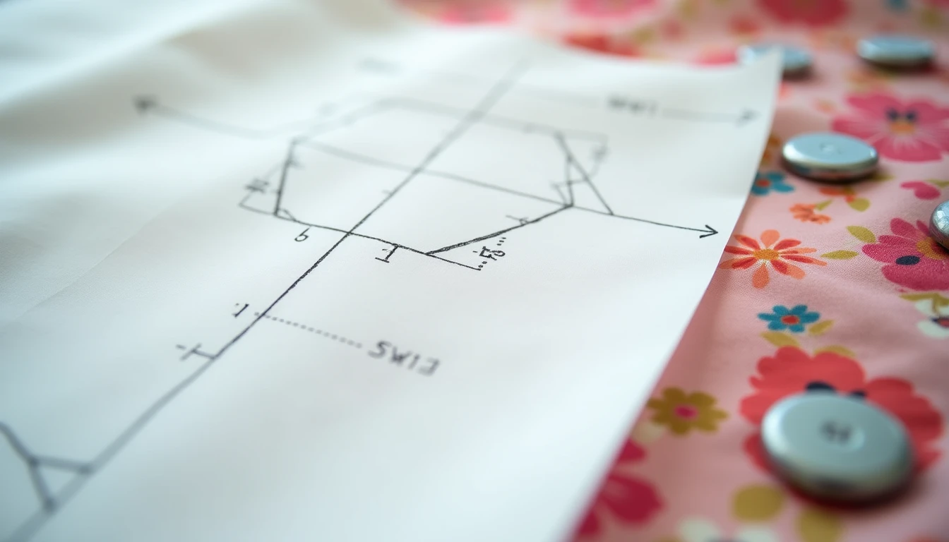 A tissue sewing pattern piece with visible grainline arrow, notches, and dart markings laid over floral fabric with pattern weights