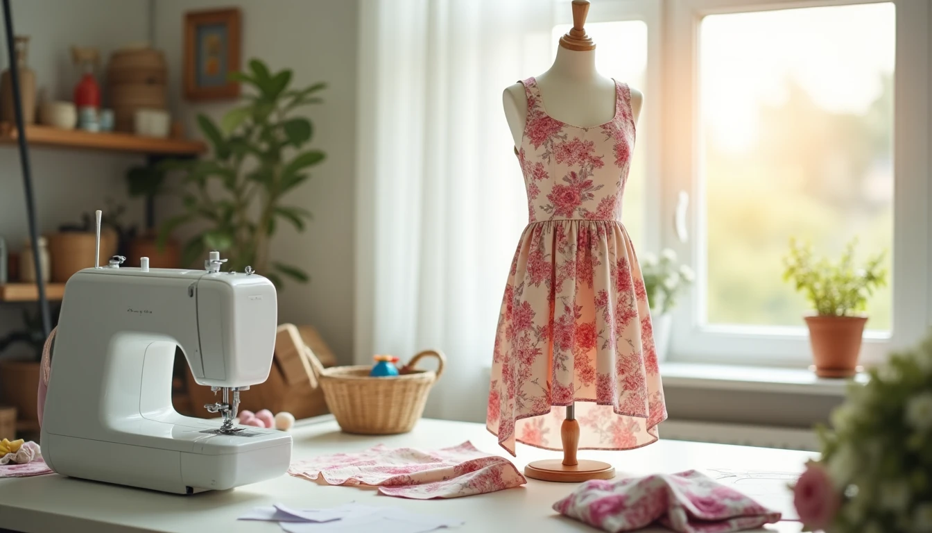 A handmade summer dress on a dress form beside a sewing machine, with pattern pieces and floral fabric on the table