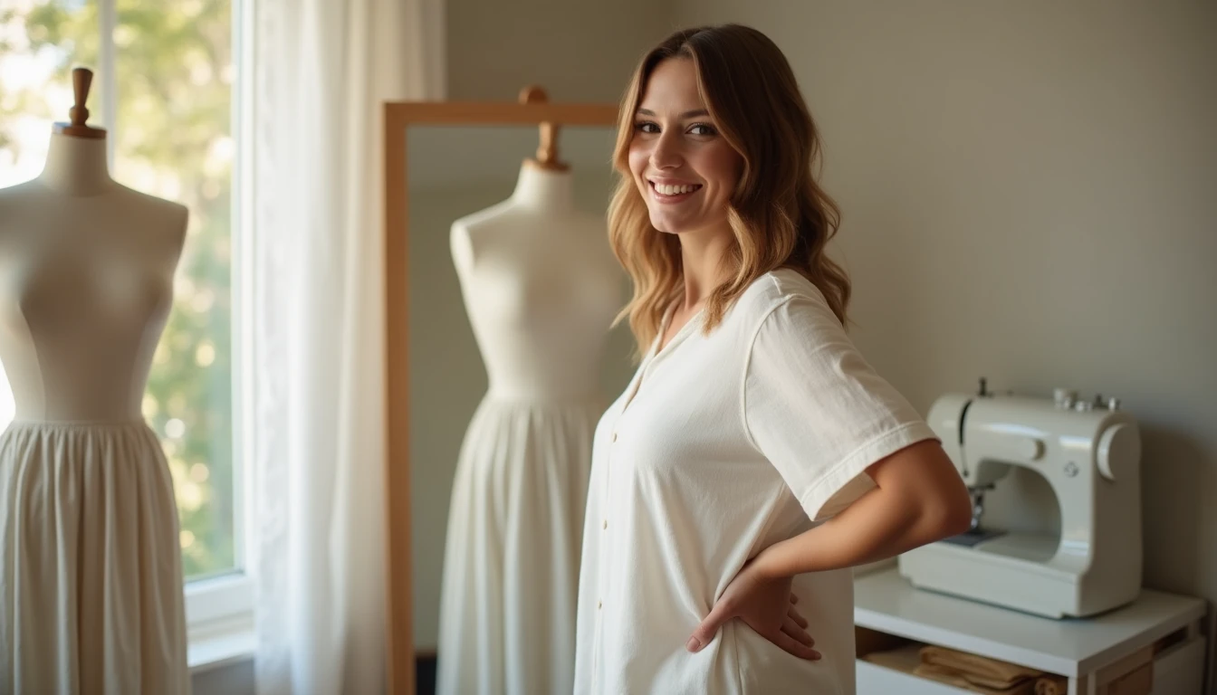 A sewist trying on a self-made linen top in front of a mirror next to a sewing machine and dress form