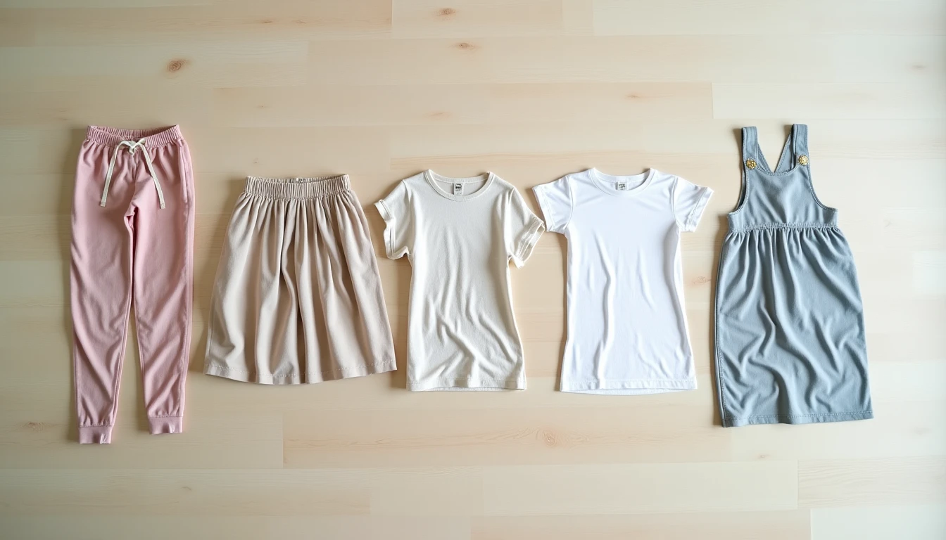 A progression of handmade garments laid flat: pajama pants, an elastic skirt, a boxy top, a t-shirt, and a simple dress