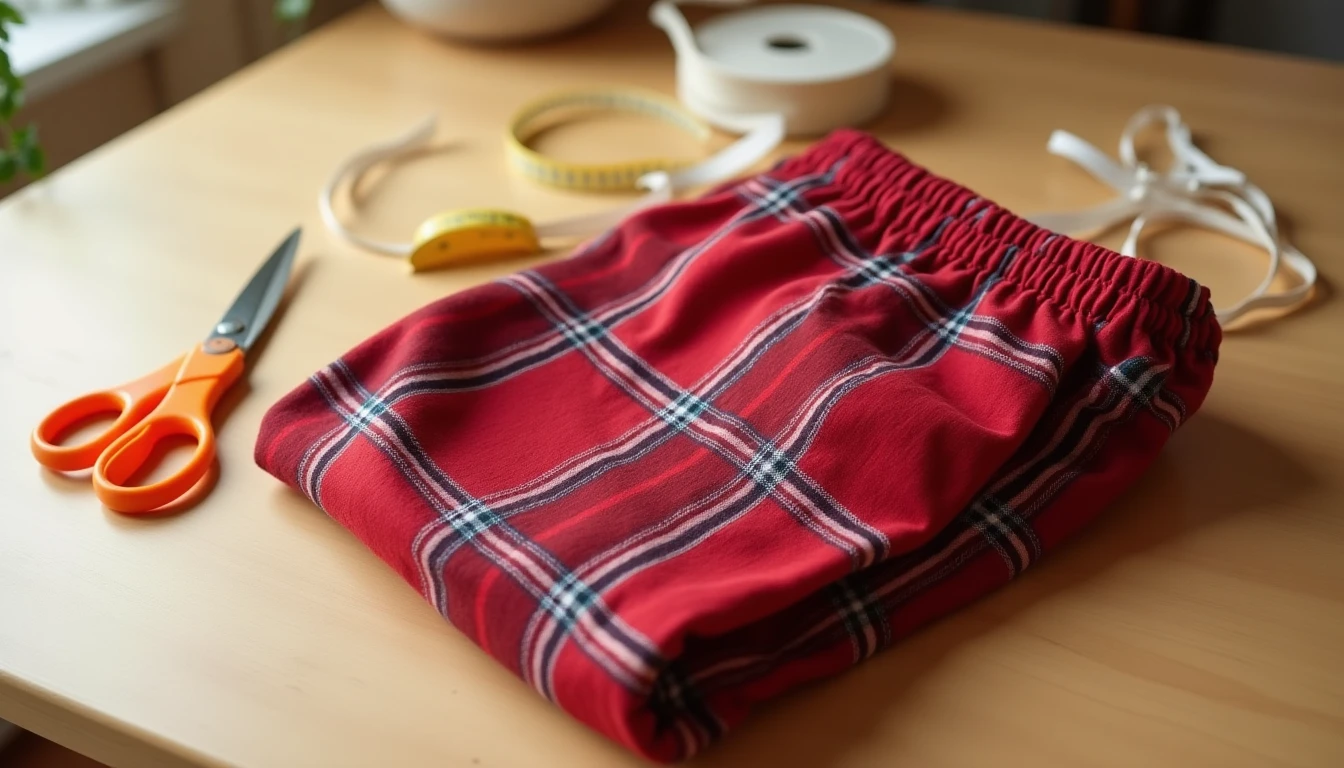 A pair of handmade plaid flannel pajama pants folded on a sewing table beside elastic, scissors, and a tape measure