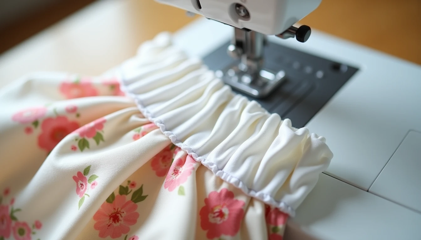 Evenly gathered white cotton ruffles being sewn onto the hem of a floral skirt at a sewing machine, with two visible gathering threads